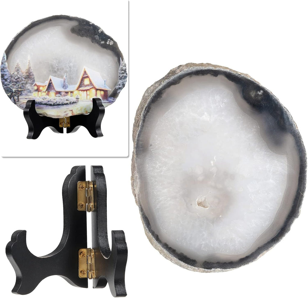 SUNYIK Natural Geode Agate Slice Display with Wooden Stand, Irregular Agate Slab Tabletop Desktop for Office Home Decor, Landscape-4