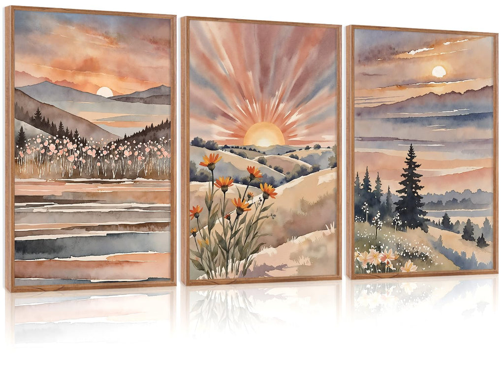 CHDITB Mountain Framed Canvas Wall Art Set of 3, 24"x36" Country Woodcut Style Wall Decor, Forest Nature Wilderness Wall Painting, Large Modern Art Prints for Living Room, Bedroom, Farmhouse, Office