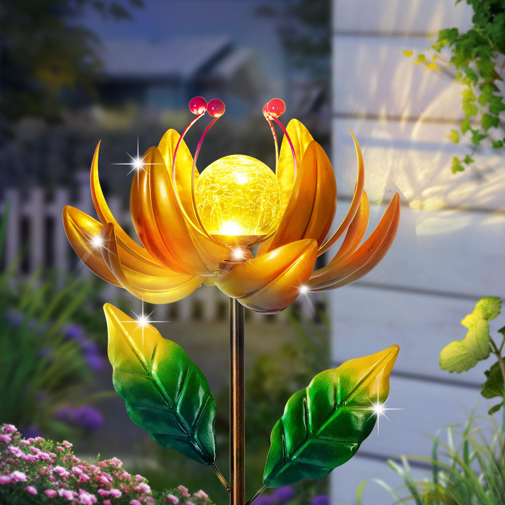 Solar Wind Spinner Metal Lotus Flower Garden Stake Lights LED Crackle Glass Globe Solar Yard Art for Patio Pathway Lawn Walkway Decor