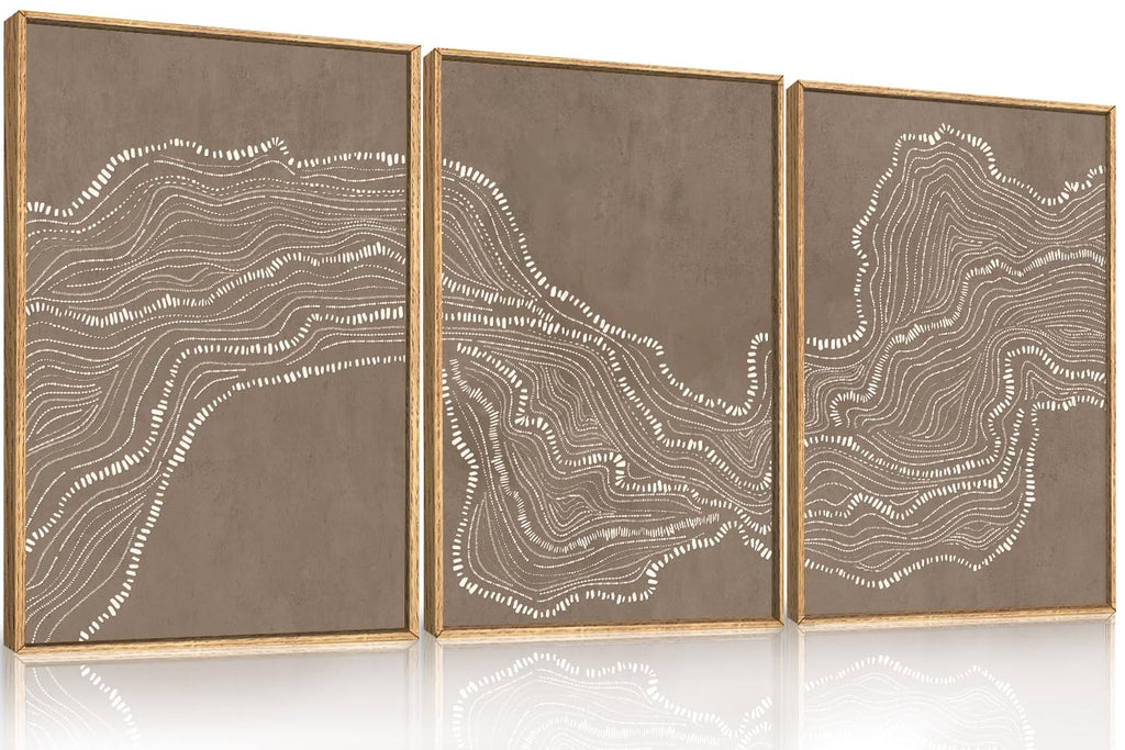 Set of 3 16"X24" Woodcut Mountain Pine Forest Sunrise Framed Canvas Wall Art Rustic Boho Wooden Print for Living Room Bedroom Office, Non-3D