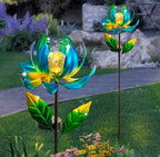 Solar Wind Spinner Metal Lotus Flower Garden Stake Lights LED Crackle Glass Globe Solar Yard Art for Patio Pathway Lawn Walkway Decor