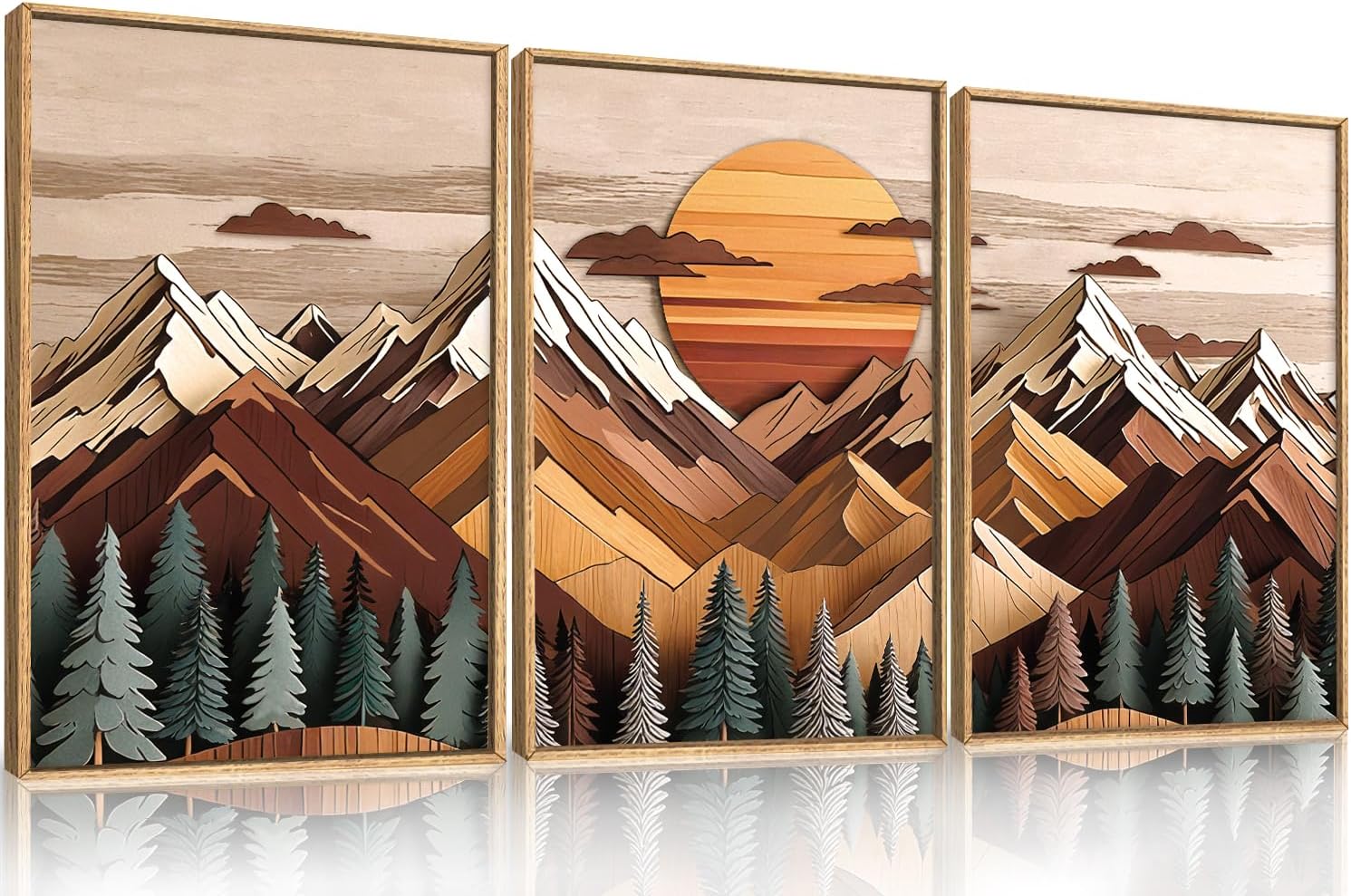 KAIRNE Woodcut Style Mountain Framed Canvas Wall Art Set,Wooden Pine Tree Wall Decor,Vintage Forest Landscape Art Prints,Nature Sunrise Artwork for Living Room,Bedroom,Farmhouse,Office-16 x24 x3
