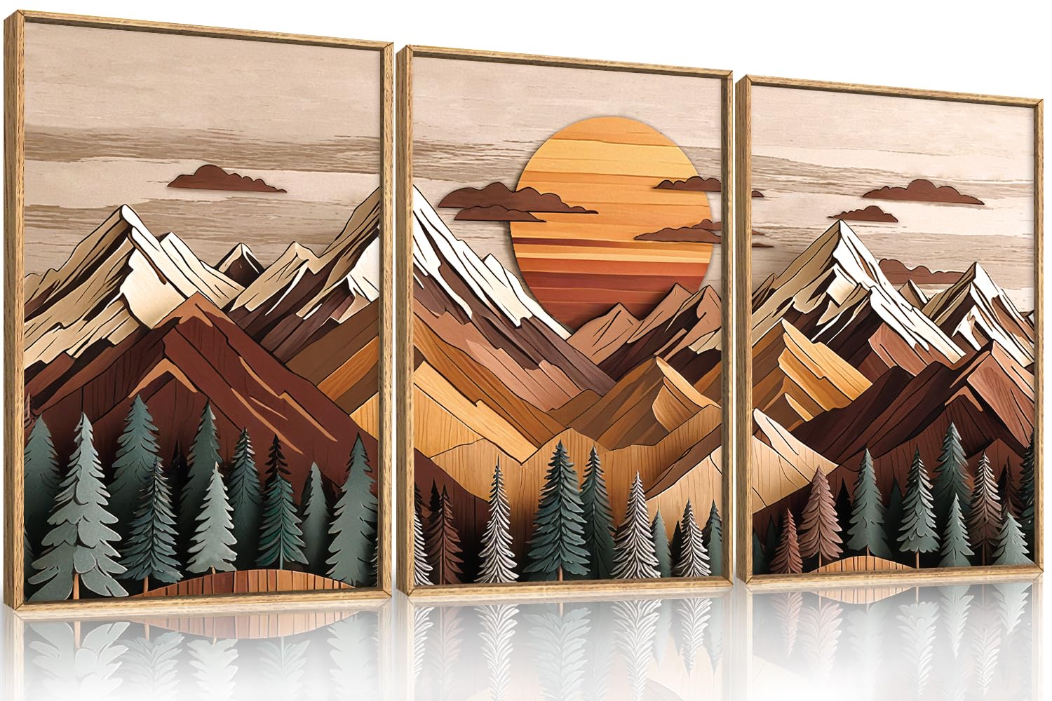 KAIRNE Woodcut Style Mountain Framed Canvas Wall Art Set,Wooden Pine Tree Wall Decor,Vintage Forest Landscape Art Prints,Nature Sunrise Artwork for Living Room,Bedroom,Farmhouse,Office-16 x24 x3