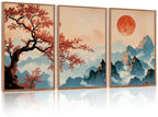 LHIUEM Vintage Woodcut Mountain Framed Canvas Wall Art,Forest Pine Tree Boho Wall Decor,Wilderness Sunset Landscape Artwork for Living Room,Bedroom,Dining Room,Office -16"x24"x3