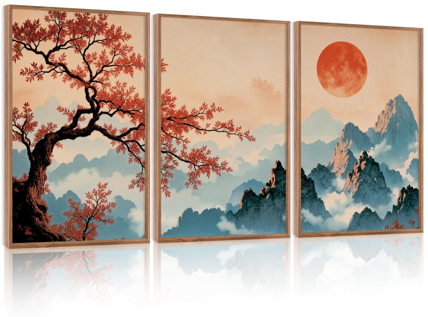 LHIUEM Vintage Woodcut Mountain Framed Canvas Wall Art,Forest Pine Tree Boho Wall Decor,Wilderness Sunset Landscape Artwork for Living Room,Bedroom,Dining Room,Office -16"x24"x3