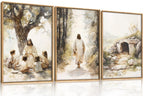Set of 3 16"X24" Woodcut Mountain Pine Forest Sunrise Framed Canvas Wall Art Rustic Boho Wooden Print for Living Room Bedroom Office, Non-3D