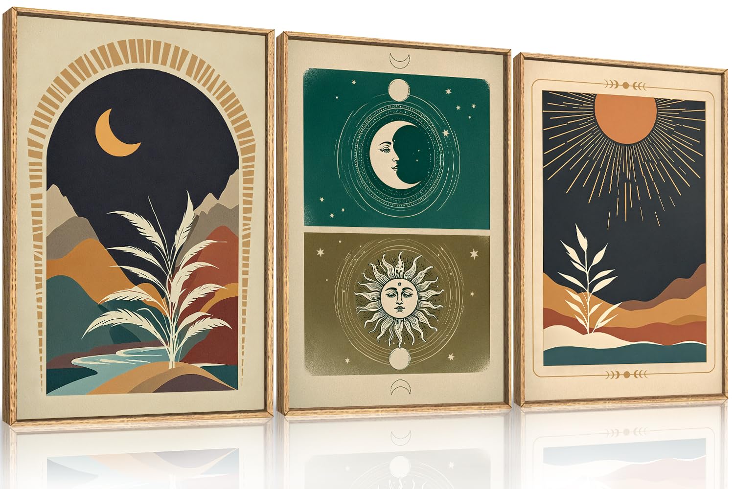 KAIRNE Woodcut Style Mountain Framed Canvas Wall Art Set,Wooden Pine Tree Wall Decor,Vintage Forest Landscape Art Prints,Nature Sunrise Artwork for Living Room,Bedroom,Farmhouse,Office-16 x24 x3