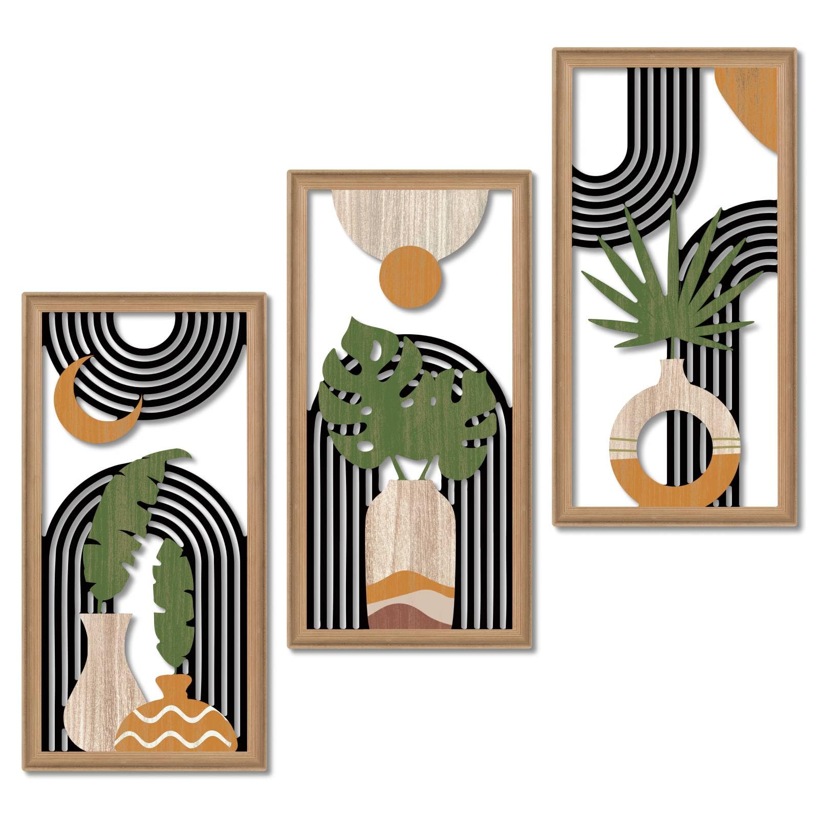 Putuo Decor Boho Mountain Wall Art Set of 3, Rustic Wooden Wall Decor, Nature-Inspired Geometric Artwork, Mid-Century Modern Aesthetic for Living Room, Bedroom, Office Brown 16.5 x 8.6 inch