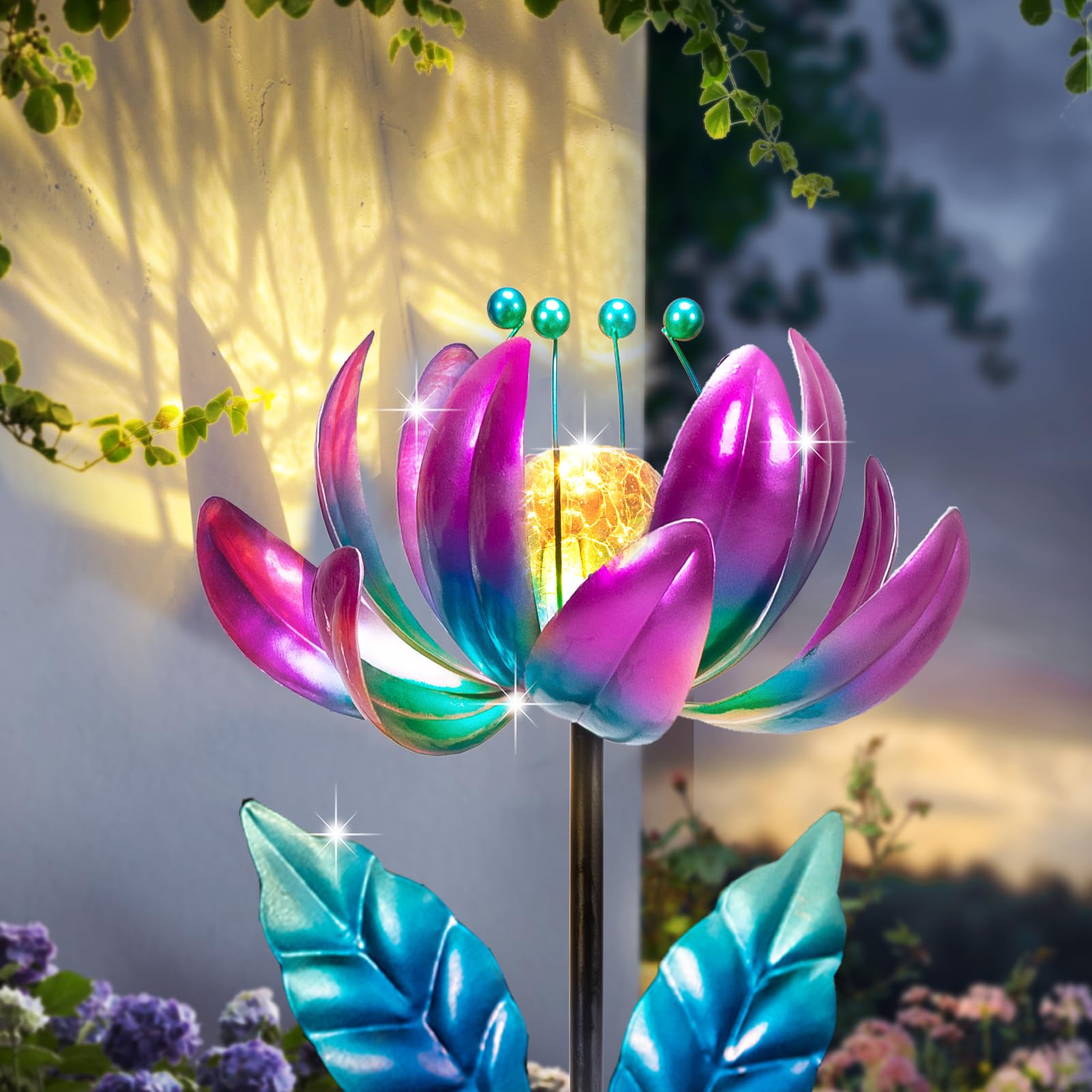 Solar Wind Spinner Metal Lotus Flower Garden Stake Lights LED Crackle Glass Globe Solar Yard Art for Patio Pathway Lawn Walkway Decor