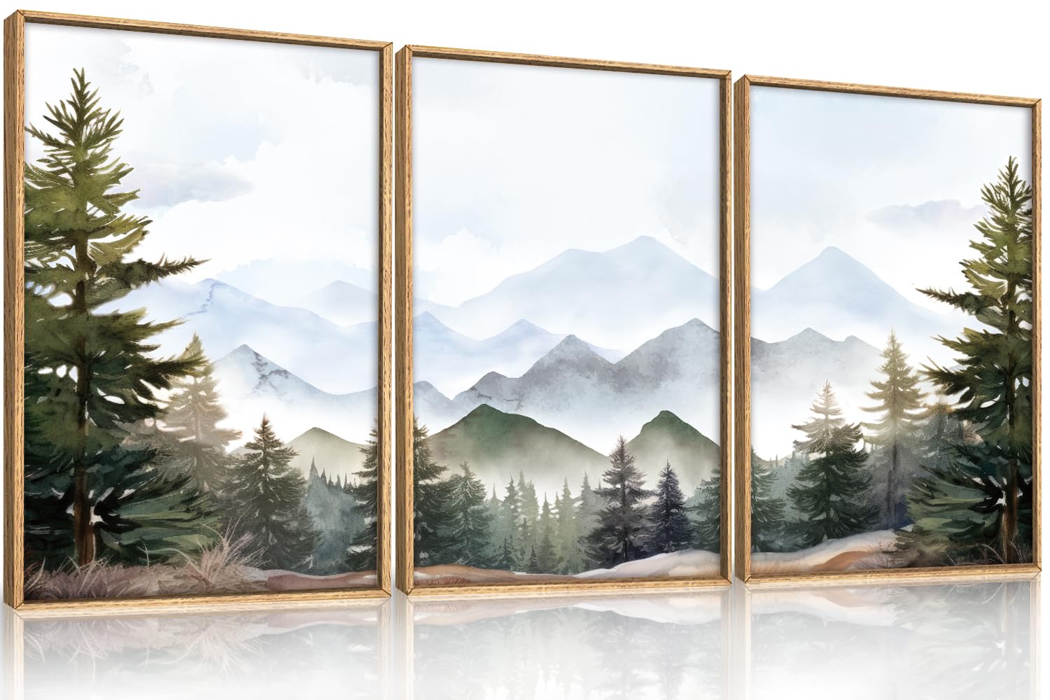 KAIRNE Woodcut Style Mountain Framed Canvas Wall Art Set,Wooden Pine Tree Wall Decor,Vintage Forest Landscape Art Prints,Nature Sunrise Artwork for Living Room,Bedroom,Farmhouse,Office-16 x24 x3