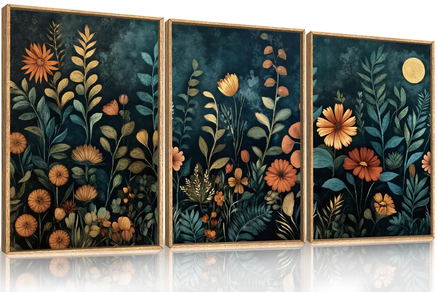 Set of 3 16"X24" Woodcut Mountain Pine Forest Sunrise Framed Canvas Wall Art Rustic Boho Wooden Print for Living Room Bedroom Office, Non-3D