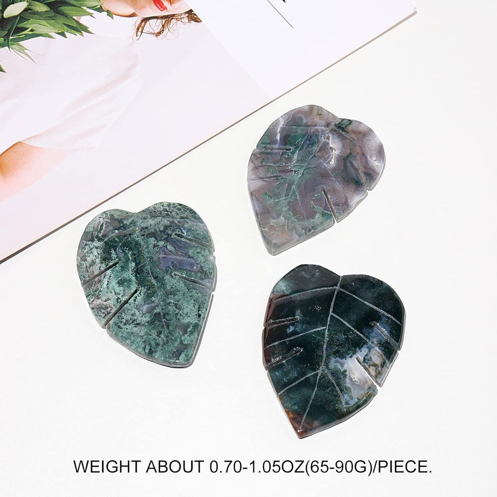 Runyangshi 1PCS Natural Moss Agate Crystal Leaves Sculpture Hand-Carved Large Aquatic Agate Leaf Healing Stone Figurines Healing Reiki Crystal Gemstone Collection Home Decor Desk Decor Gift