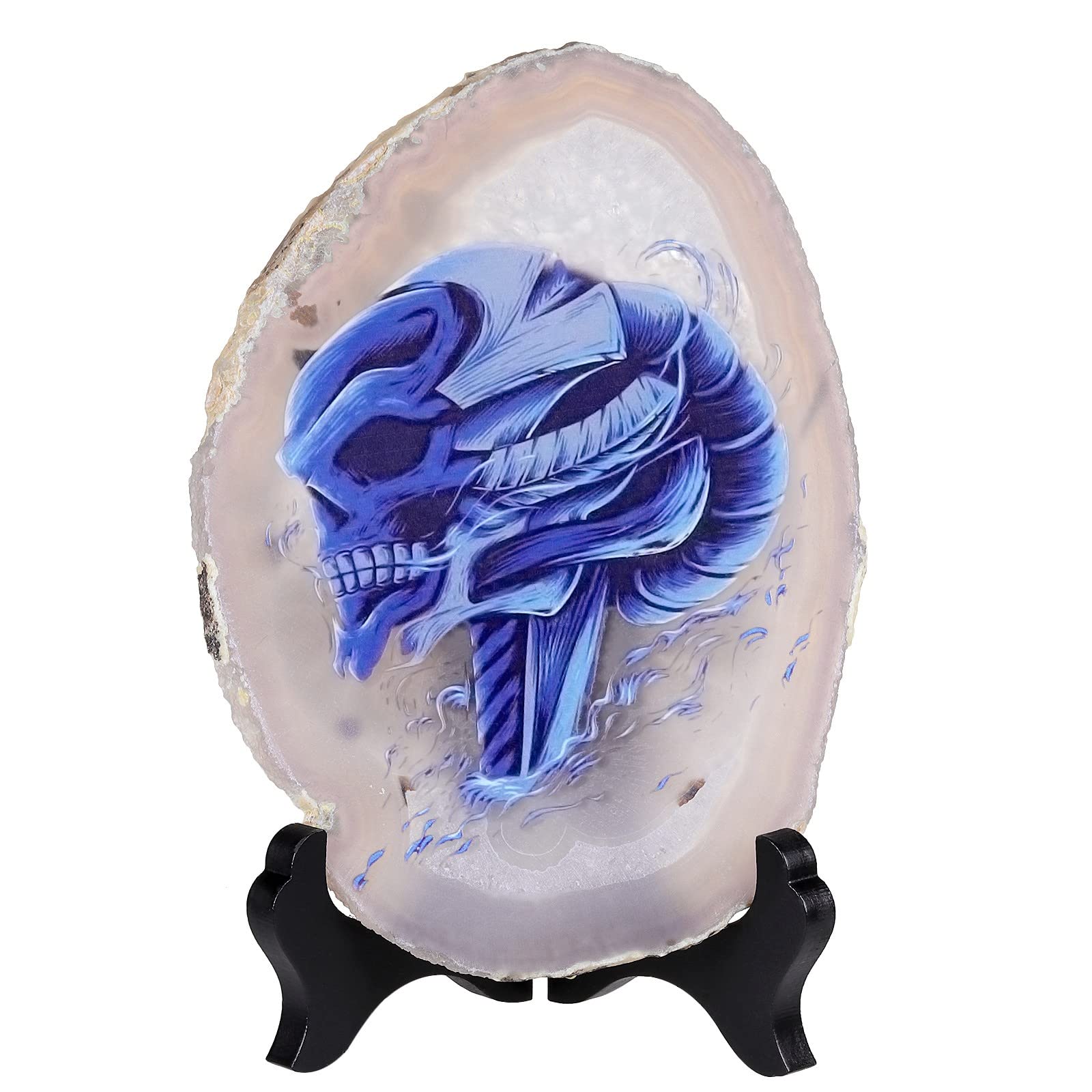 SUNYIK Natural Geode Agate Slice Display with Wooden Stand, Irregular Agate Slab Tabletop Desktop for Office Home Decor, Landscape-4