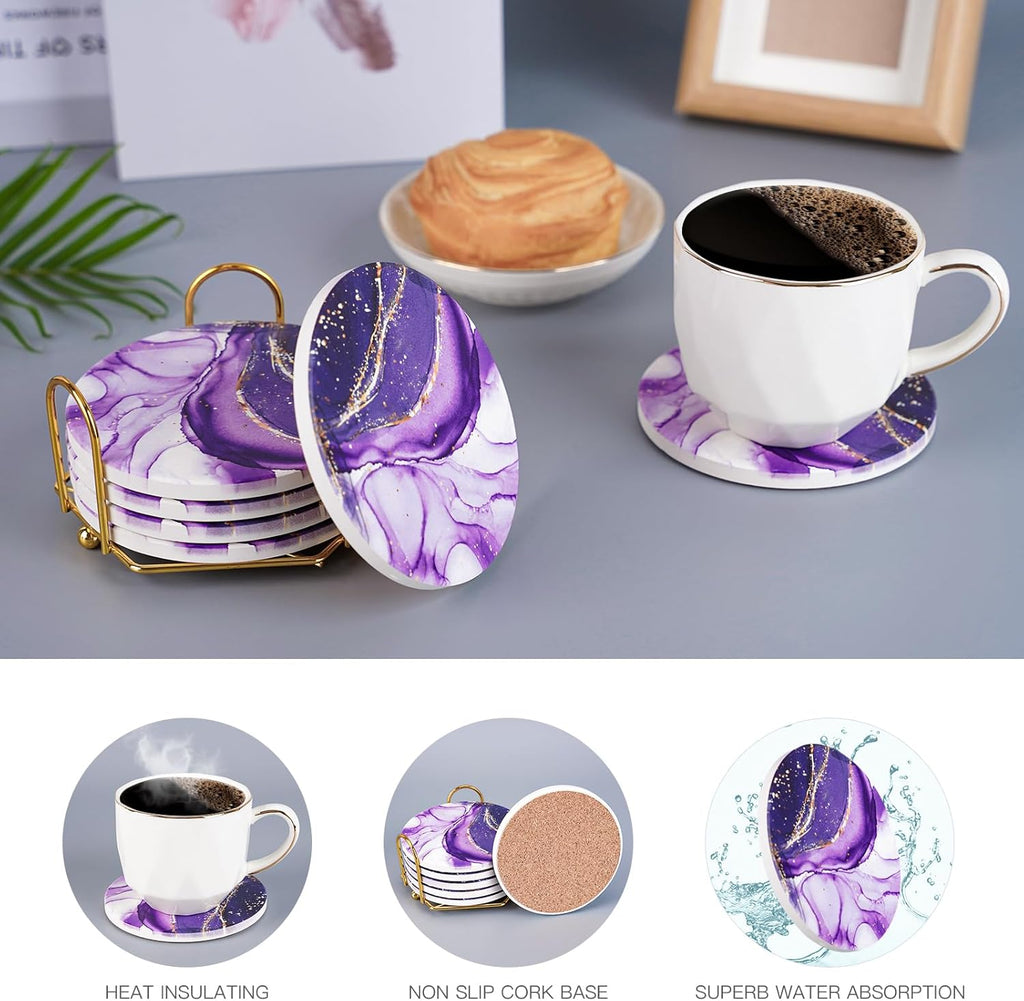Purple Agate Coasters for drinks with Gold Holder,Absorbent Marble Coasters Set with Cork Base for Tabletop Protection,Stone Coasters for Coffee Table Kitchen Decor Gift Women Cup Bar Coasters