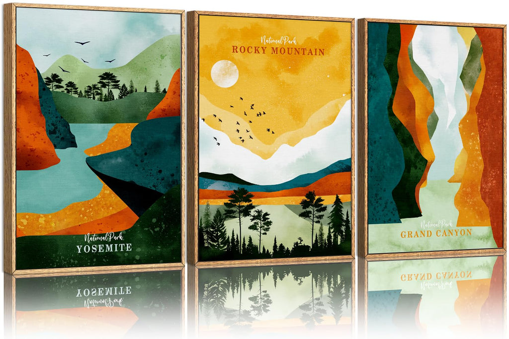 CHDITB Mountain Framed Canvas Wall Art Set of 3, 24"x36" Country Woodcut Style Wall Decor, Forest Nature Wilderness Wall Painting, Large Modern Art Prints for Living Room, Bedroom, Farmhouse, Office