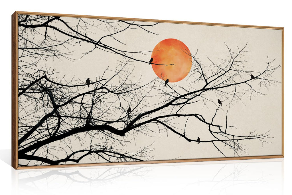 Set of 3 16"X24" Woodcut Mountain Pine Forest Sunrise Framed Canvas Wall Art Rustic Boho Wooden Print for Living Room Bedroom Office, Non-3D