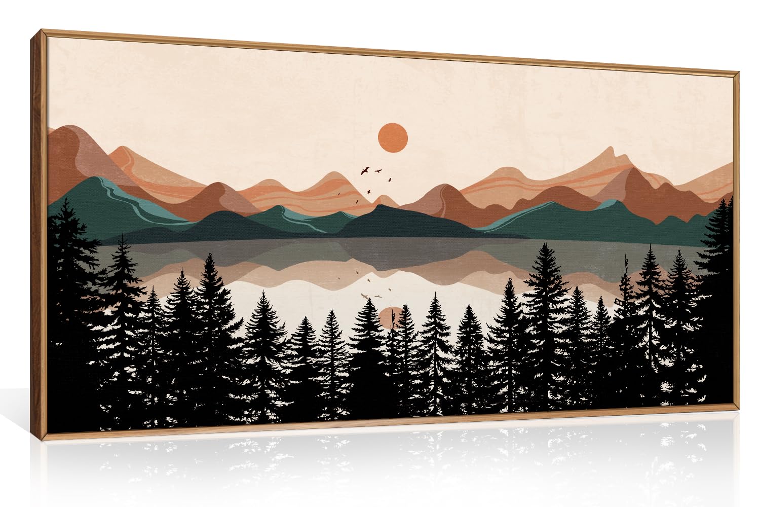 KAIRNE Woodcut Style Mountain Framed Canvas Wall Art Set,Wooden Pine Tree Wall Decor,Vintage Forest Landscape Art Prints,Nature Sunrise Artwork for Living Room,Bedroom,Farmhouse,Office-16 x24 x3