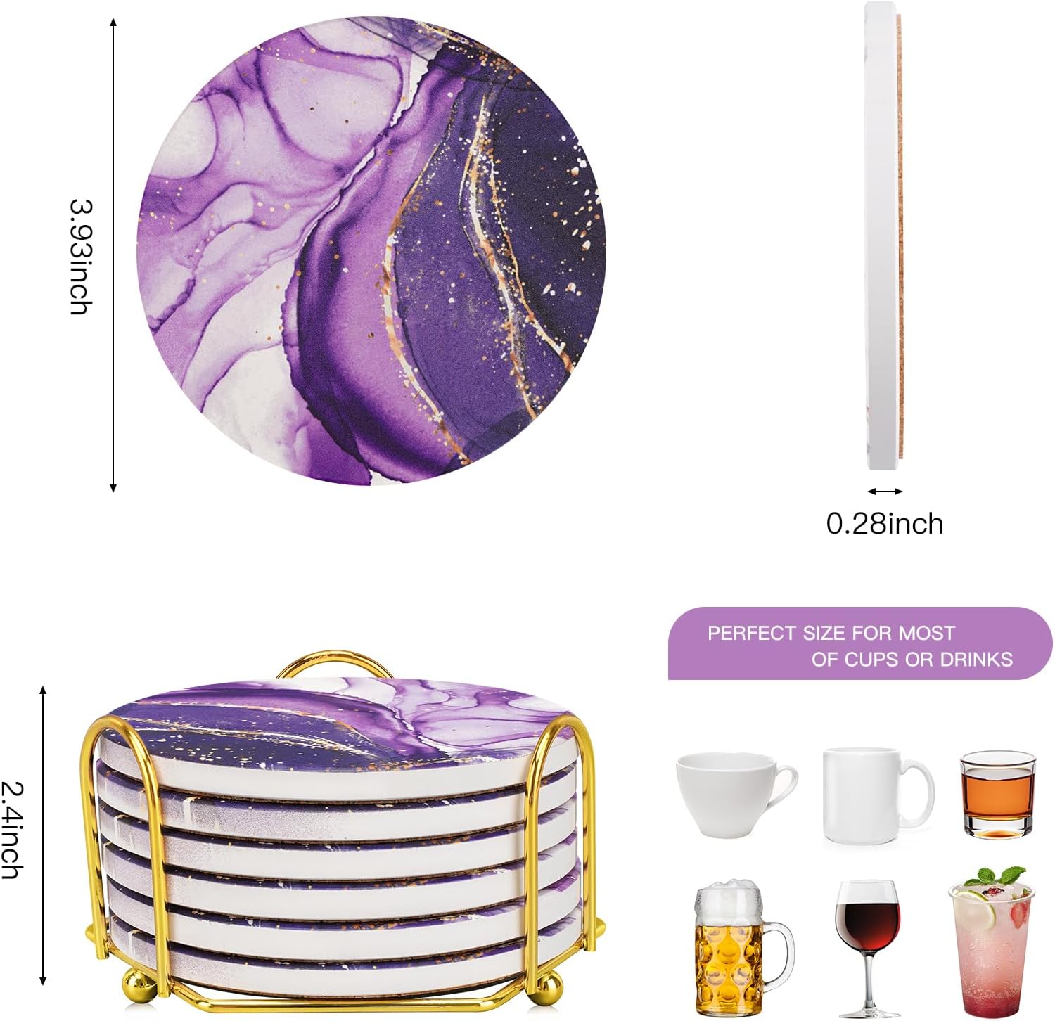 Purple Agate Coasters for drinks with Gold Holder,Absorbent Marble Coasters Set with Cork Base for Tabletop Protection,Stone Coasters for Coffee Table Kitchen Decor Gift Women Cup Bar Coasters