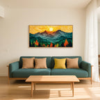 Set of 3 16"X24" Woodcut Mountain Pine Forest Sunrise Framed Canvas Wall Art Rustic Boho Wooden Print for Living Room Bedroom Office, Non-3D