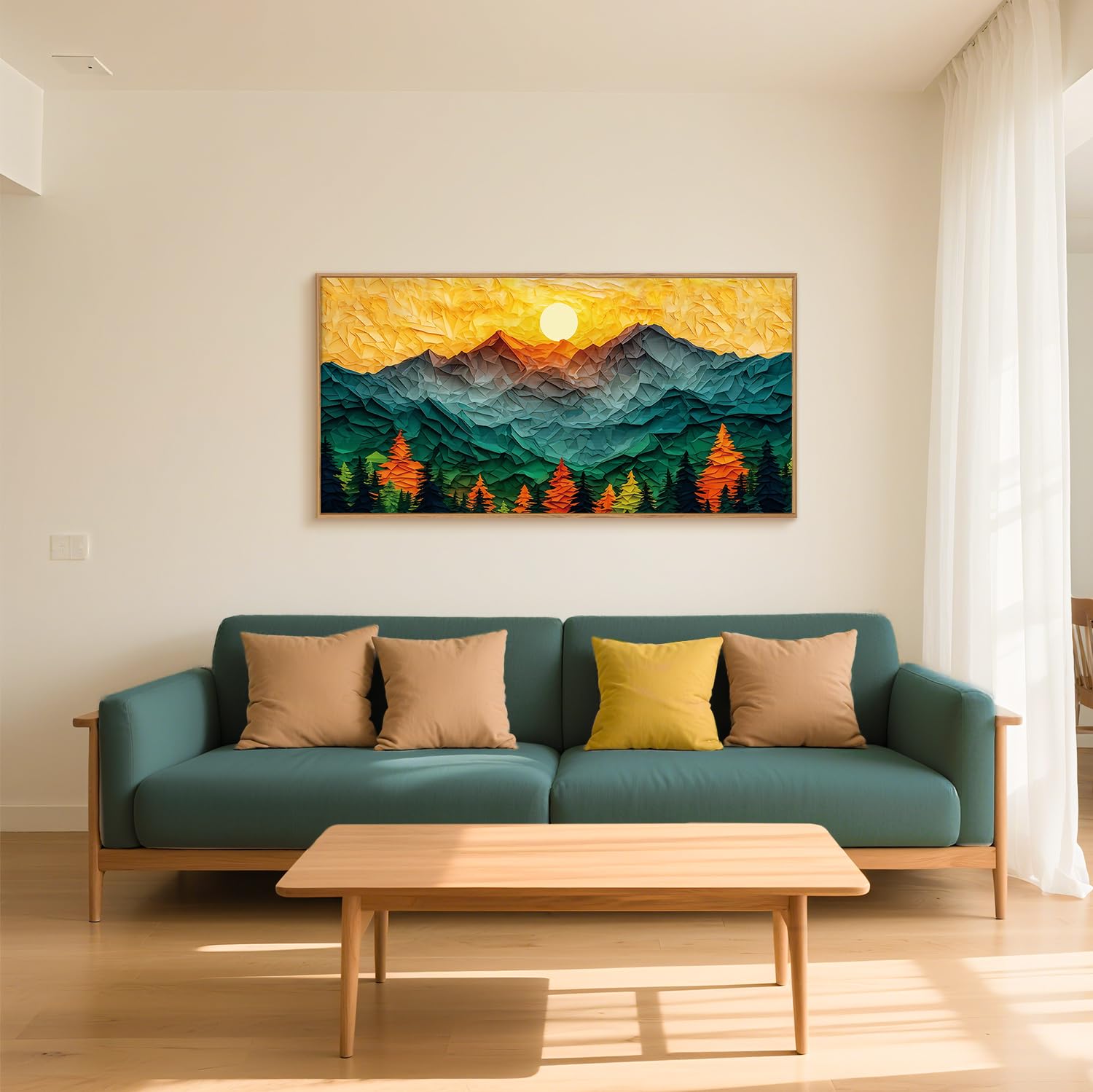 Set of 3 16"X24" Woodcut Mountain Pine Forest Sunrise Framed Canvas Wall Art Rustic Boho Wooden Print for Living Room Bedroom Office, Non-3D