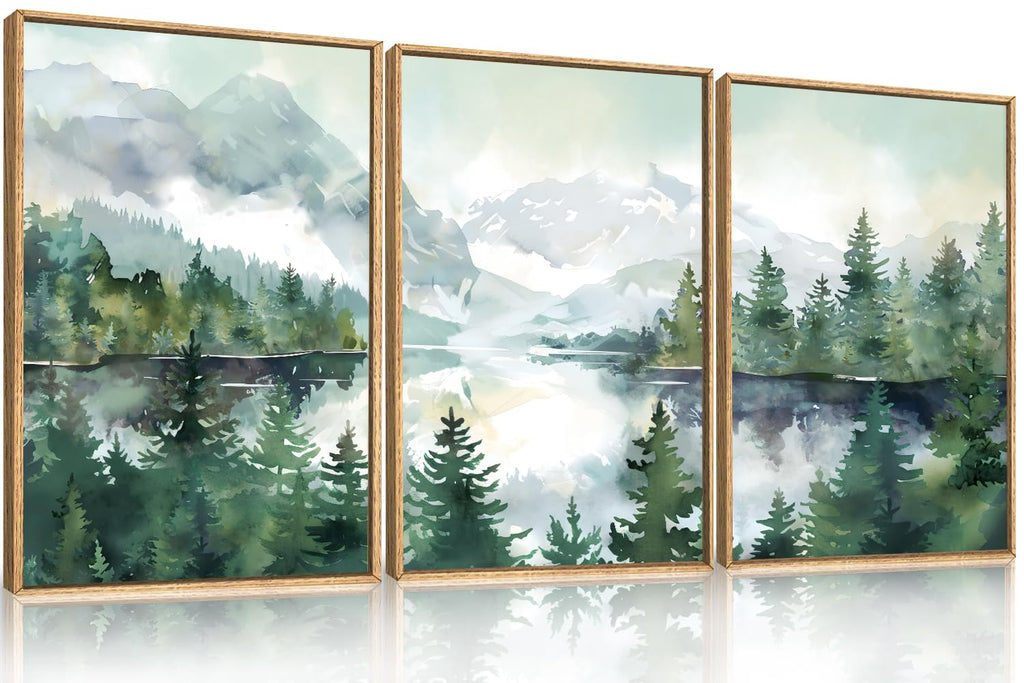 Set of 3 16"X24" Woodcut Mountain Pine Forest Sunrise Framed Canvas Wall Art Rustic Boho Wooden Print for Living Room Bedroom Office, Non-3D