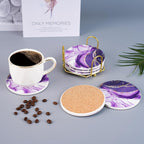 Purple Agate Coasters for drinks with Gold Holder,Absorbent Marble Coasters Set with Cork Base for Tabletop Protection,Stone Coasters for Coffee Table Kitchen Decor Gift Women Cup Bar Coasters