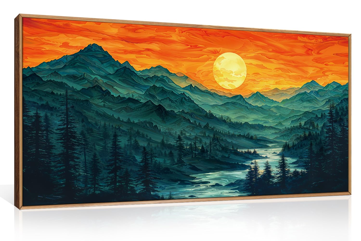 Set of 3 16"X24" Woodcut Mountain Pine Forest Sunrise Framed Canvas Wall Art Rustic Boho Wooden Print for Living Room Bedroom Office, Non-3D