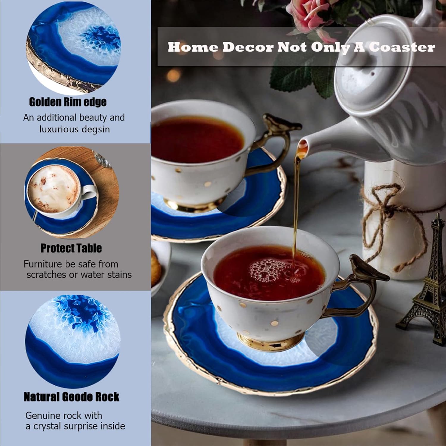 Blue Agate Coasters Set of 4,Large Geode Coaster for Drinks 4.5"-4" Gemstone Natural Stone Agate Slices Cup Mat for Home Decor by Yougoals, Suitable for Coffee Table, Wooden Table