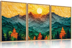 Set of 3 16"X24" Woodcut Mountain Pine Forest Sunrise Framed Canvas Wall Art Rustic Boho Wooden Print for Living Room Bedroom Office, Non-3D