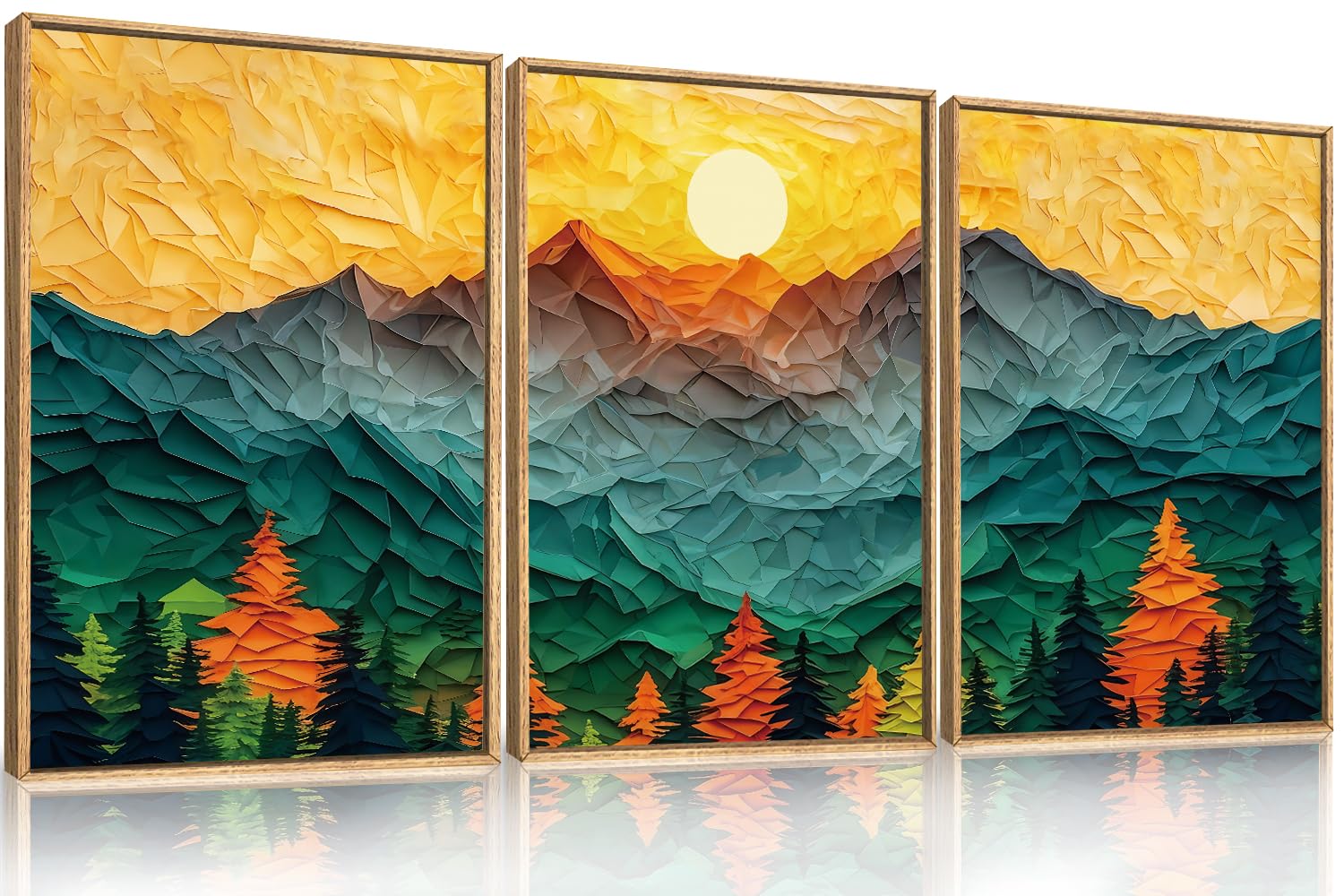 Set of 3 16"X24" Woodcut Mountain Pine Forest Sunrise Framed Canvas Wall Art Rustic Boho Wooden Print for Living Room Bedroom Office, Non-3D
