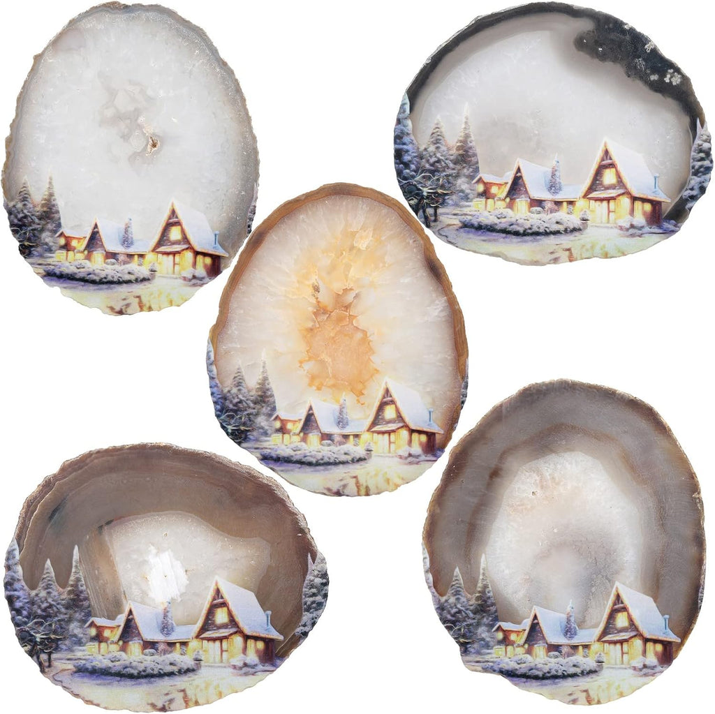 SUNYIK Natural Geode Agate Slice Display with Wooden Stand, Irregular Agate Slab Tabletop Desktop for Office Home Decor, Landscape-4
