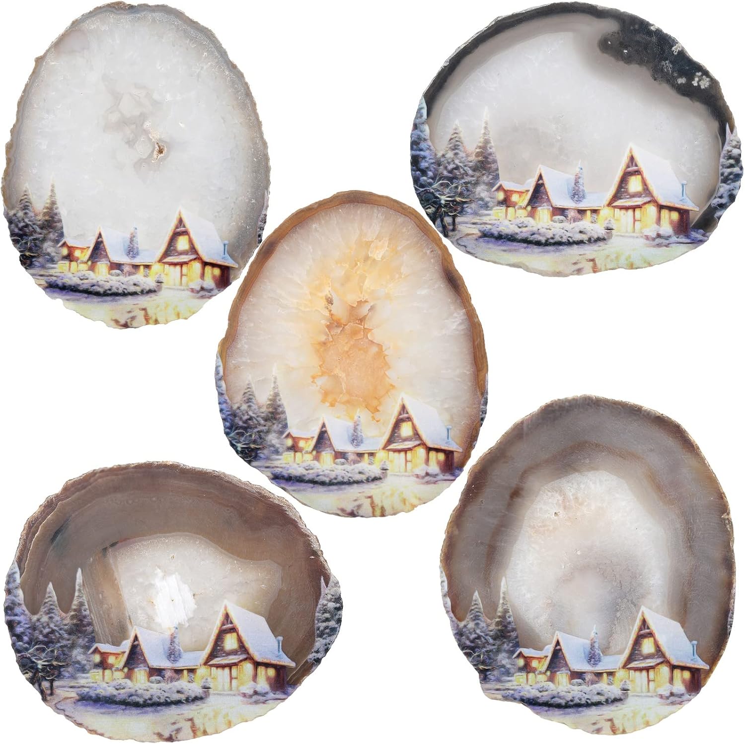 SUNYIK Natural Geode Agate Slice Display with Wooden Stand, Irregular Agate Slab Tabletop Desktop for Office Home Decor, Landscape-4