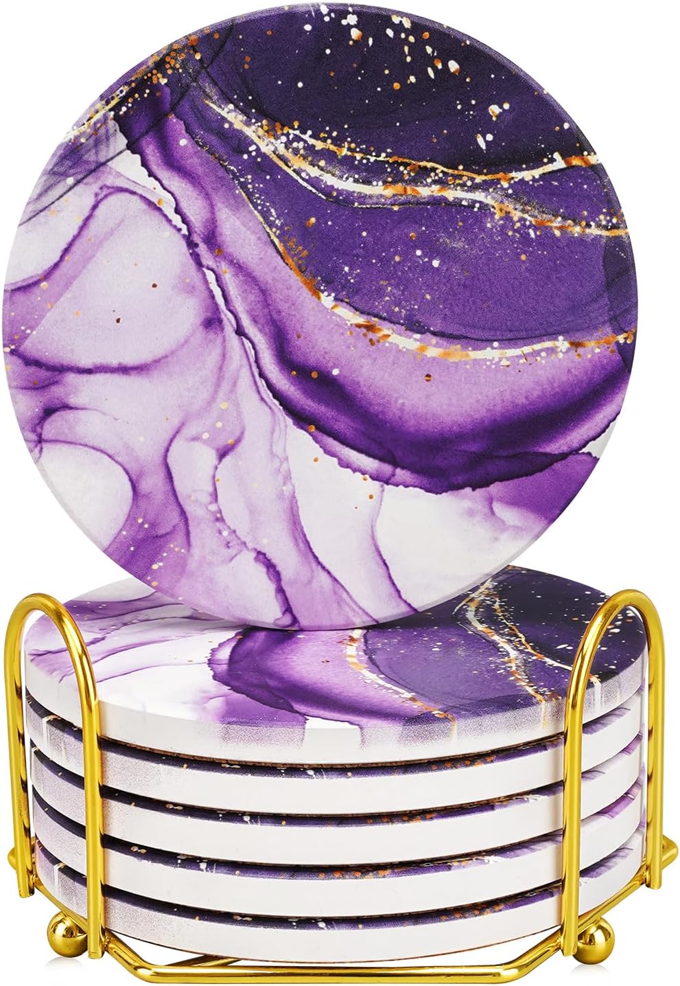 Purple Agate Coasters for drinks with Gold Holder,Absorbent Marble Coasters Set with Cork Base for Tabletop Protection,Stone Coasters for Coffee Table Kitchen Decor Gift Women Cup Bar Coasters