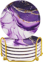 Purple Agate Coasters for drinks with Gold Holder,Absorbent Marble Coasters Set with Cork Base for Tabletop Protection,Stone Coasters for Coffee Table Kitchen Decor Gift Women Cup Bar Coasters