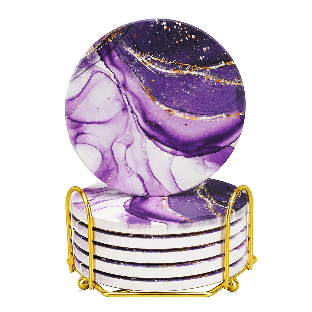 Purple Agate Coasters for drinks with Gold Holder,Absorbent Marble Coasters Set with Cork Base for Tabletop Protection,Stone Coasters for Coffee Table Kitchen Decor Gift Women Cup Bar Coasters