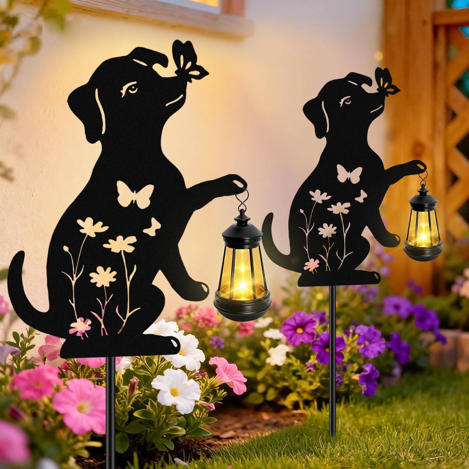 Cat Solar Lights Outdoor, 2 Pack Black Cat Hanging Lantern Waterproof, Cat Lover Gifts for Women Mom Birthday Mother's Day, Metal Garden Statue Yard Decor Patio Pathway Backyard Lawn Ornaments
