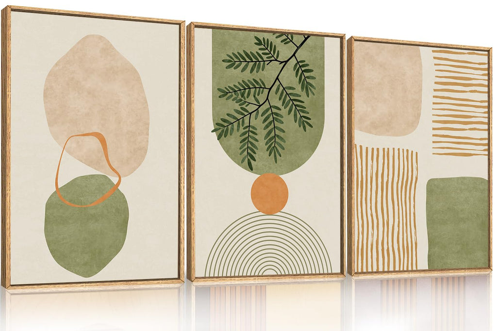 Set of 3 16"X24" Woodcut Mountain Pine Forest Sunrise Framed Canvas Wall Art Rustic Boho Wooden Print for Living Room Bedroom Office, Non-3D