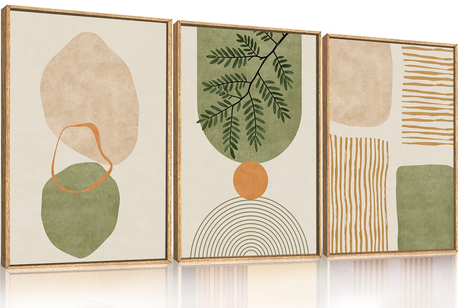 Set of 3 16"X24" Woodcut Mountain Pine Forest Sunrise Framed Canvas Wall Art Rustic Boho Wooden Print for Living Room Bedroom Office, Non-3D