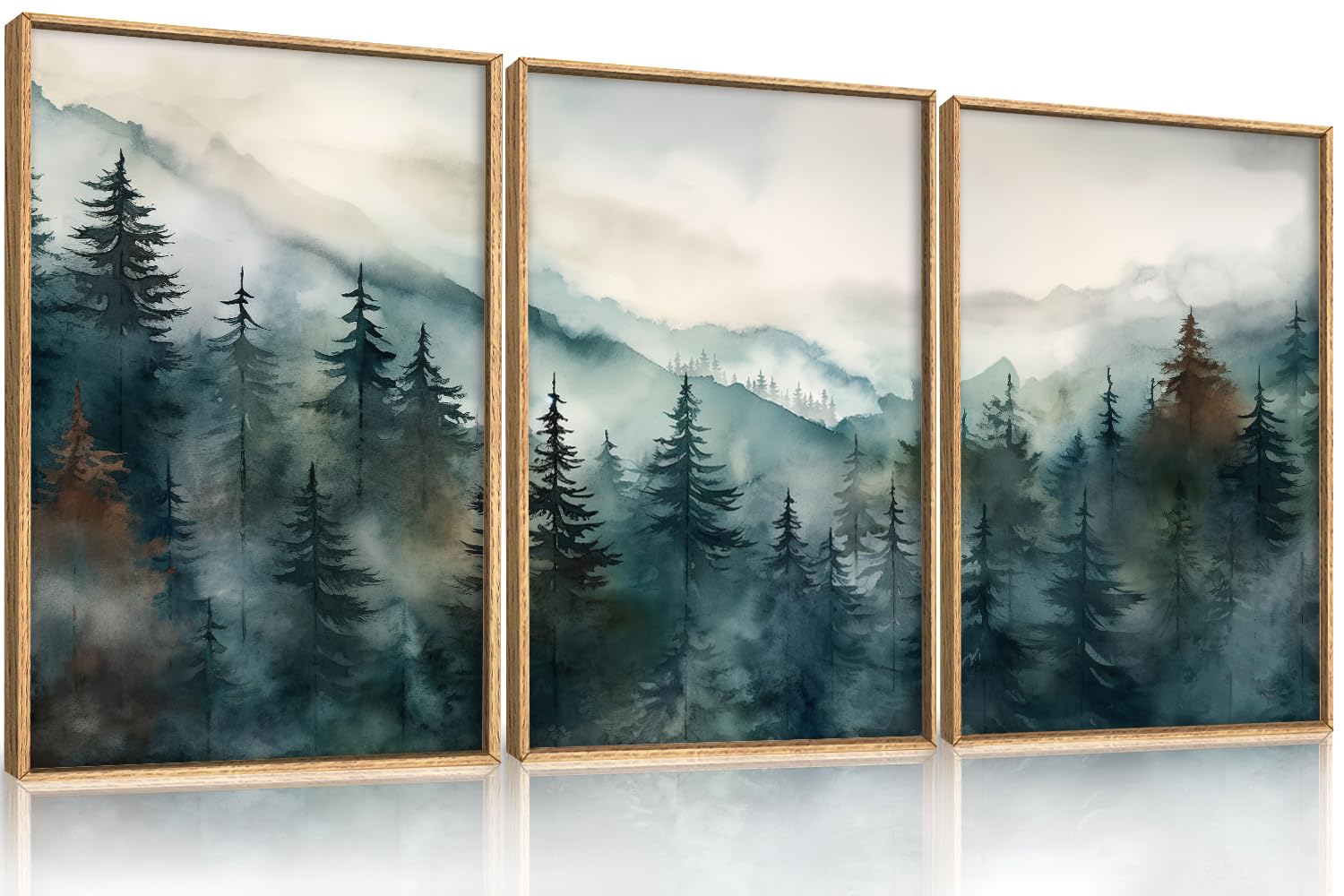 KAIRNE Woodcut Style Mountain Framed Canvas Wall Art Set,Wooden Pine Tree Wall Decor,Vintage Forest Landscape Art Prints,Nature Sunrise Artwork for Living Room,Bedroom,Farmhouse,Office-16 x24 x3
