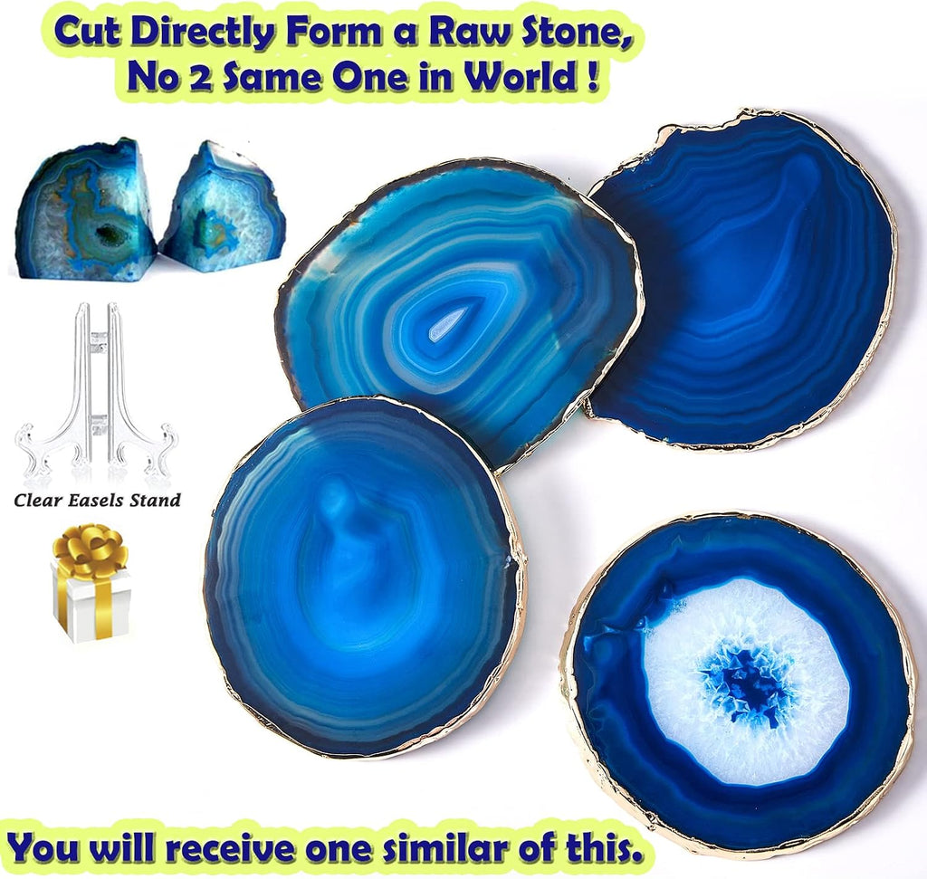 Blue Agate Coasters Set of 4,Large Geode Coaster for Drinks 4.5"-4" Gemstone Natural Stone Agate Slices Cup Mat for Home Decor by Yougoals, Suitable for Coffee Table, Wooden Table