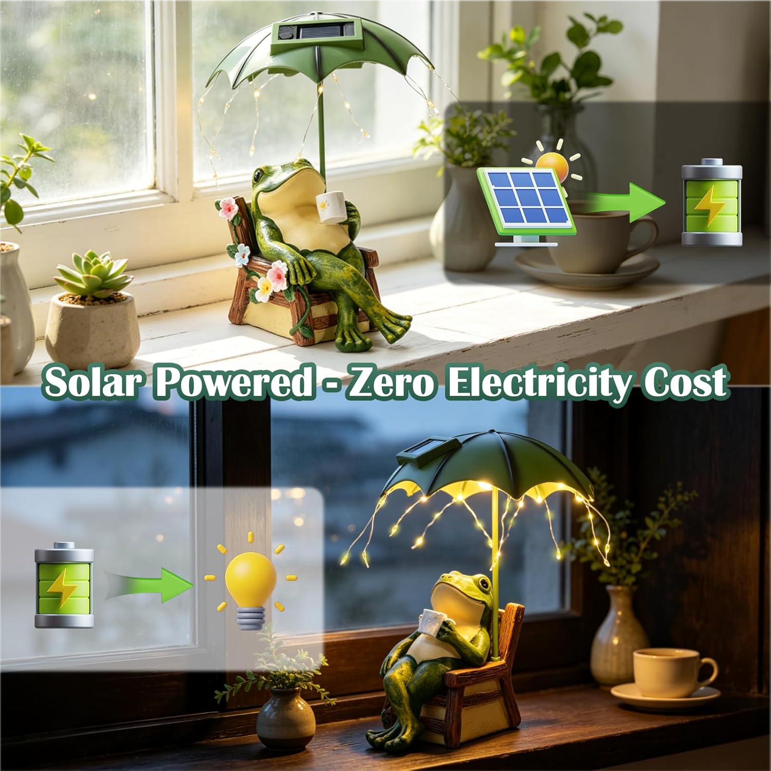 Pohabery Solar Frog Garden Statue - Outdoor Waterproof Decor with Umbrella LED Lights, Funny Relaxing Frog Figurine, Patio Balcony Lawn Ornament, Unique Animal Sculpture Gift