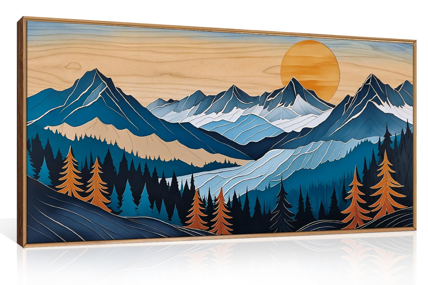 Set of 3 16"X24" Woodcut Mountain Pine Forest Sunrise Framed Canvas Wall Art Rustic Boho Wooden Print for Living Room Bedroom Office, Non-3D