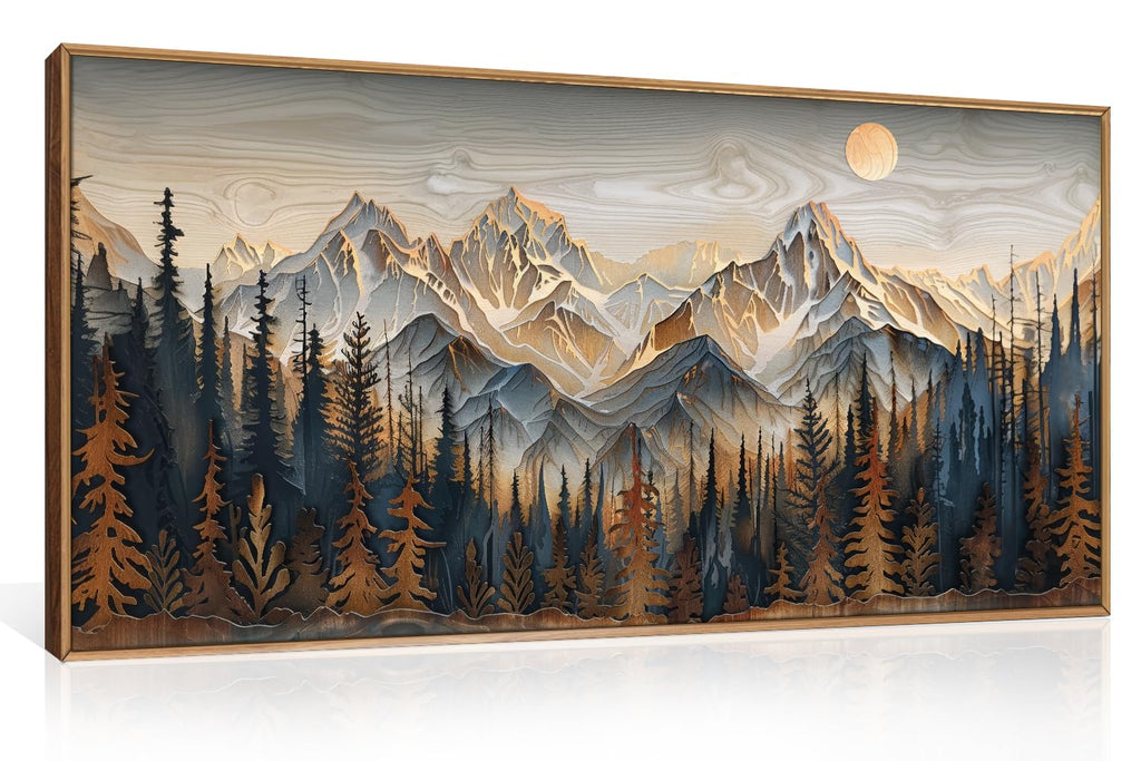 Set of 3 16"X24" Woodcut Mountain Pine Forest Sunrise Framed Canvas Wall Art Rustic Boho Wooden Print for Living Room Bedroom Office, Non-3D