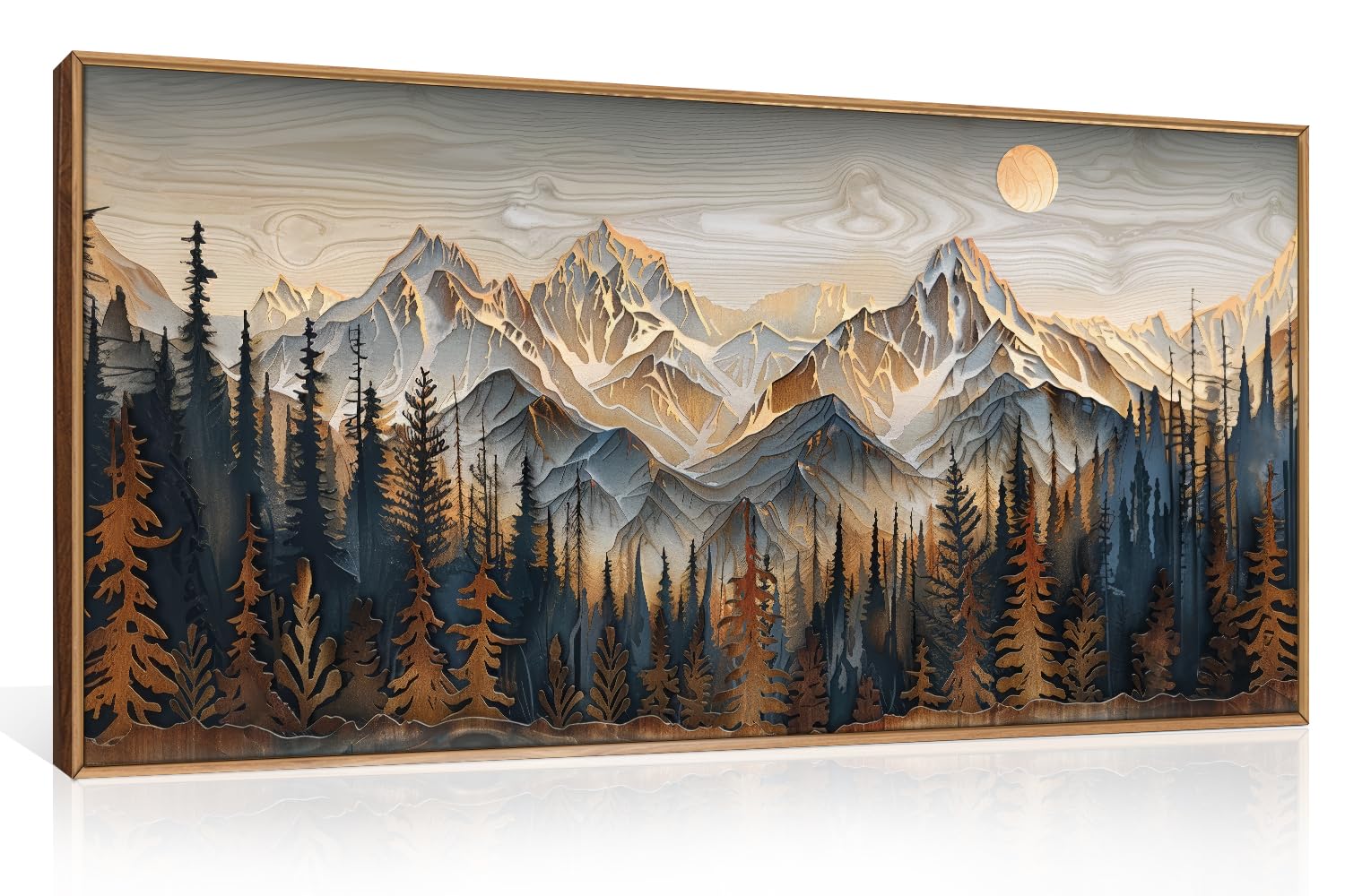 Set of 3 16"X24" Woodcut Mountain Pine Forest Sunrise Framed Canvas Wall Art Rustic Boho Wooden Print for Living Room Bedroom Office, Non-3D