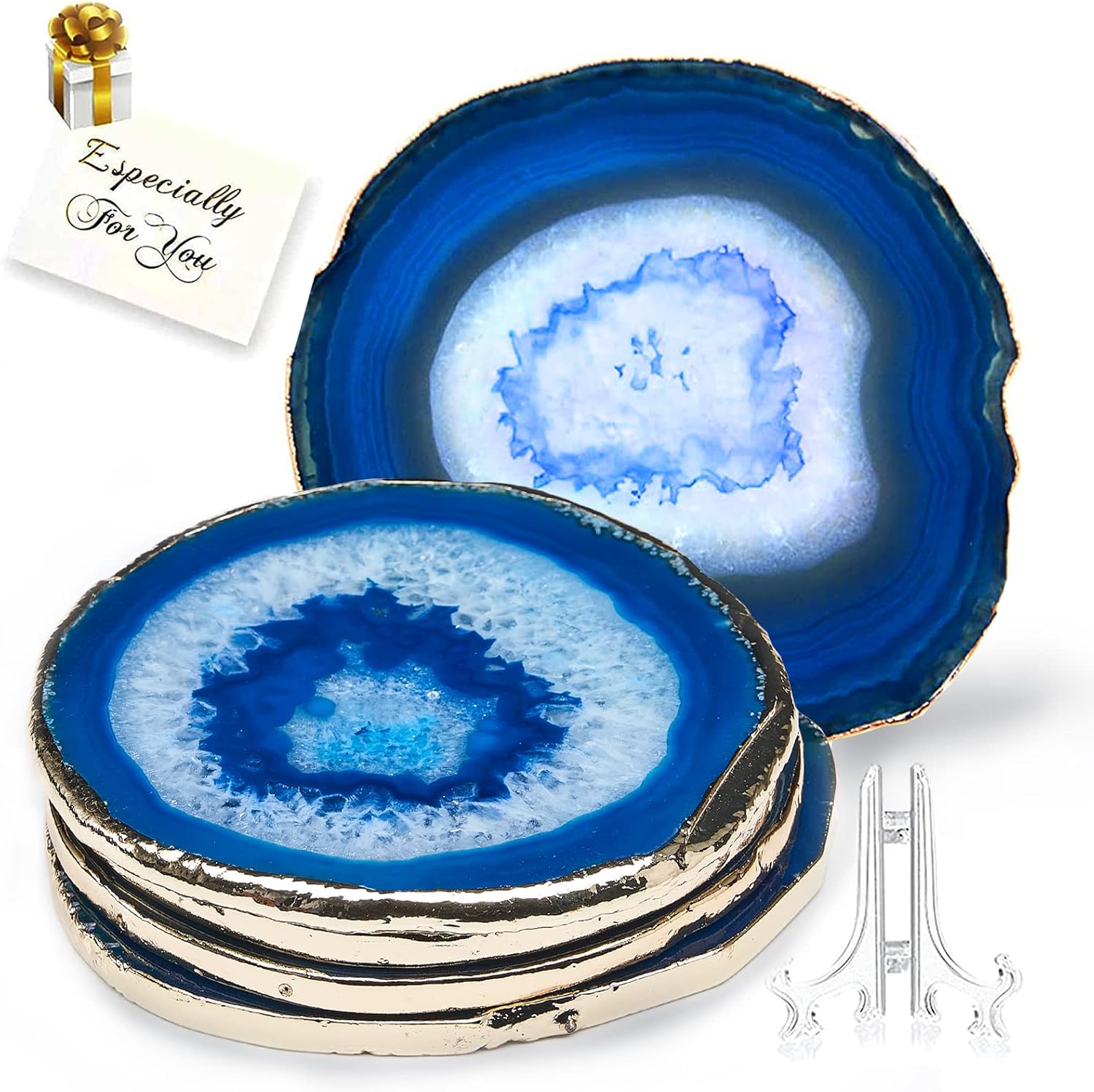 Blue Agate Coasters Set of 4,Large Geode Coaster for Drinks 4.5"-4" Gemstone Natural Stone Agate Slices Cup Mat for Home Decor by Yougoals, Suitable for Coffee Table, Wooden Table