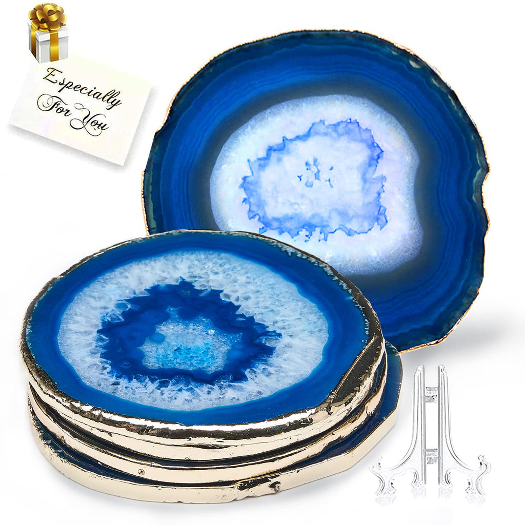 Blue Agate Coasters Set of 4,Large Geode Coaster for Drinks 4.5"-4" Gemstone Natural Stone Agate Slices Cup Mat for Home Decor by Yougoals, Suitable for Coffee Table, Wooden Table