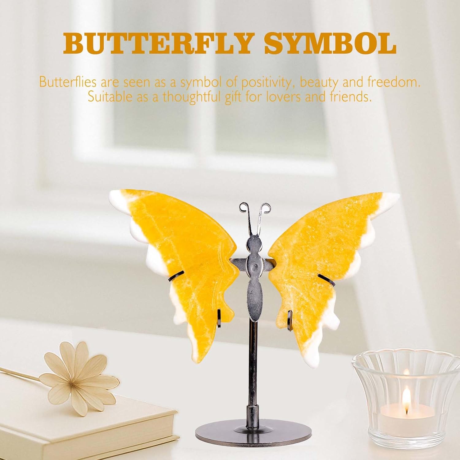 Crystal Butterfly Ornament with Amethyst Agate Yellow Calcite Wings Tabletop Decor for Home Office