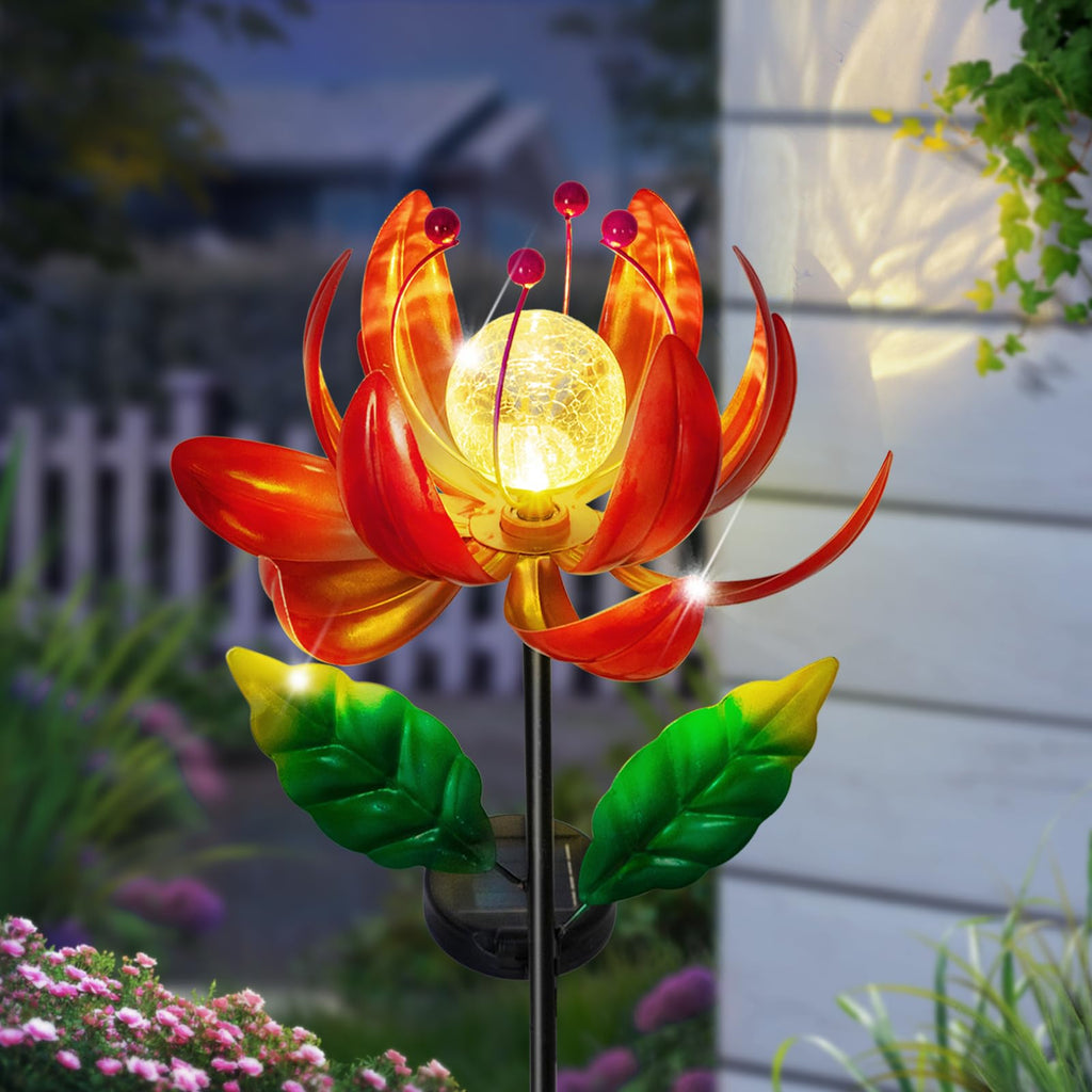 Solar Wind Spinner Metal Lotus Flower Garden Stake Lights LED Crackle Glass Globe Solar Yard Art for Patio Pathway Lawn Walkway Decor
