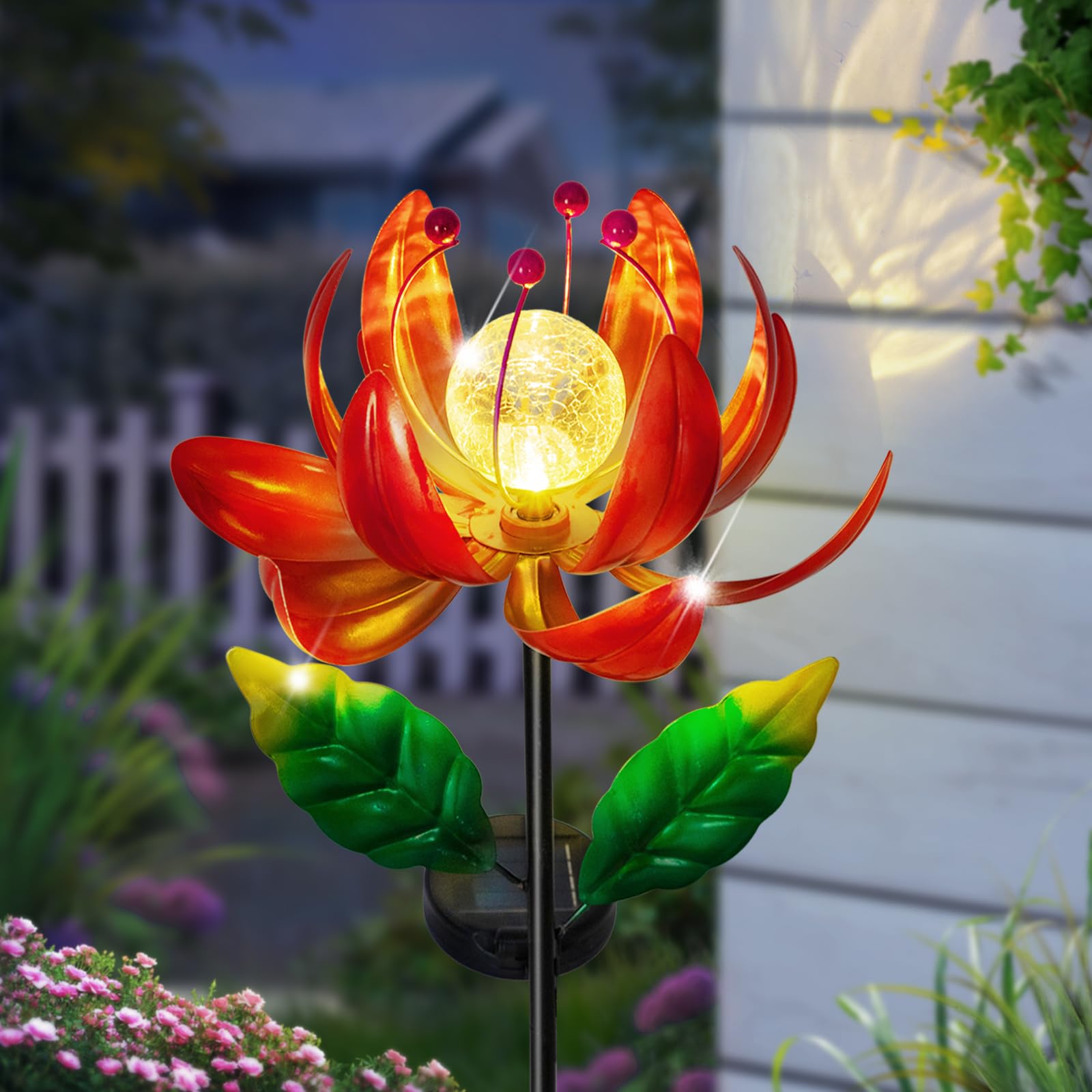 Solar Wind Spinner Metal Lotus Flower Garden Stake Lights LED Crackle Glass Globe Solar Yard Art for Patio Pathway Lawn Walkway Decor