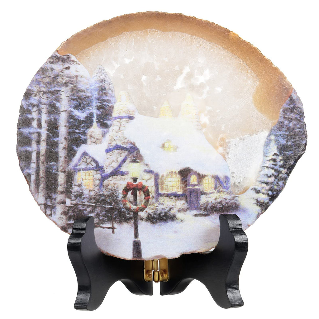 SUNYIK Natural Geode Agate Slice Display with Wooden Stand, Irregular Agate Slab Tabletop Desktop for Office Home Decor, Landscape-4